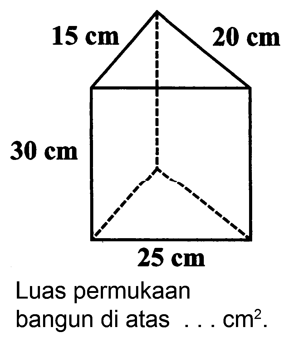 15 cm 20 cm 
30 cm 
25 cm 
Luas permukaan bangun di atas . . . cm^2. 