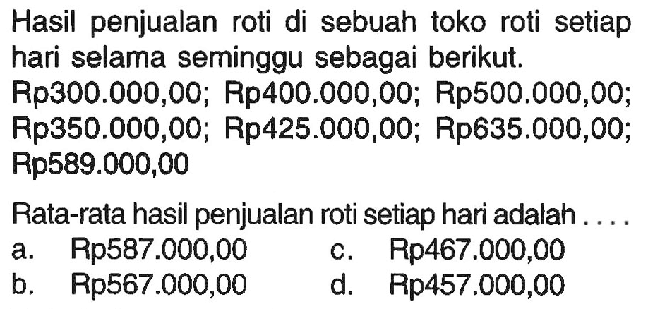 Hasil penjualan roti di sebuah toko roti setiap hari selama seminggu sebagai berikut. 
Rp300.000,00; Rp400.000,00; Rp500.000,00; Rp350.000,00; Rp425.000,00; Rp635.000,00; Rp589.000,00 
Rata-rata hasil penjualan roti setiap hari adalah ....