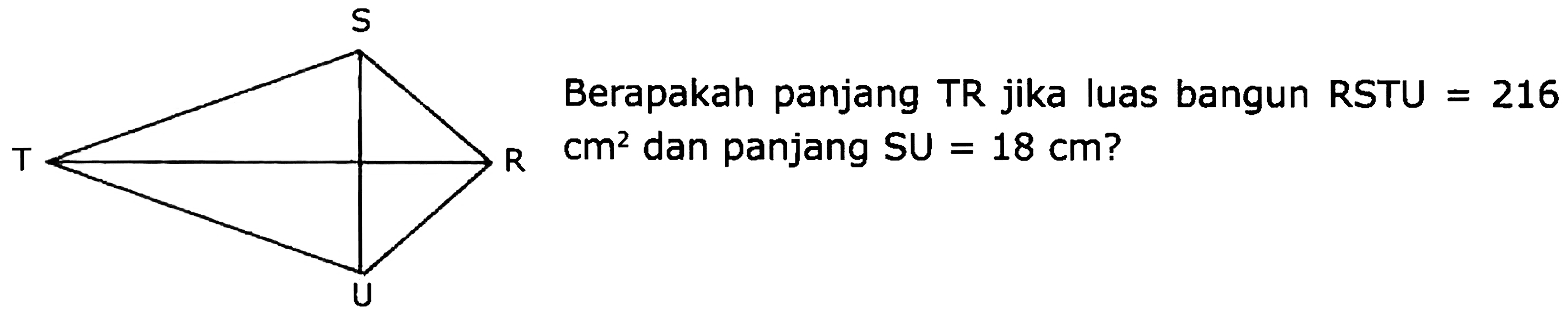 RSTU 
Berapakah panjang TR jika luas bangun RSTU = 216 cm^2 dan panjang SU = 18 cm? 