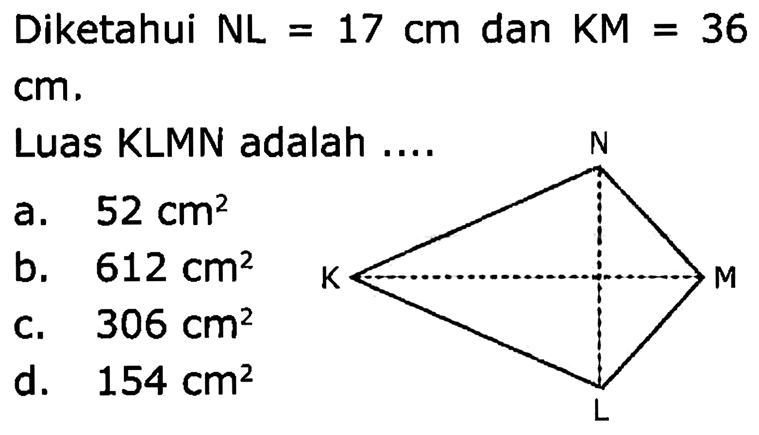 Diketahui  (NL)=17 cm  dan  (KM)=36   cm .
Luas KLMN adalah ....
a.  52 cm^2 
b.  612 cm^2 
c.  306 cm^2 
d.  154 cm^2 