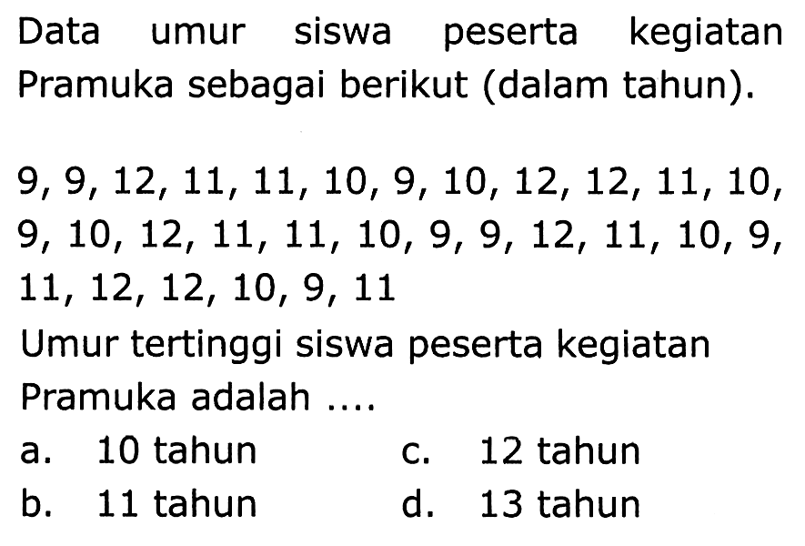 Data umur siswa peserta kegiatan Pramuka sebagai berikut (dalam tahun).
 9,9,12,11,11,10,9,10,12,12,11,10 ,  9,10,12,11,11,10,9,9,12,11,10,9 ,  11,12,12,10,9,11 
Umur tertinggi siswa peserta kegiatan Pramuka adalah ....
a. 10 tahun
c. 12 tahun
b. 11 tahun
d. 13 tahun