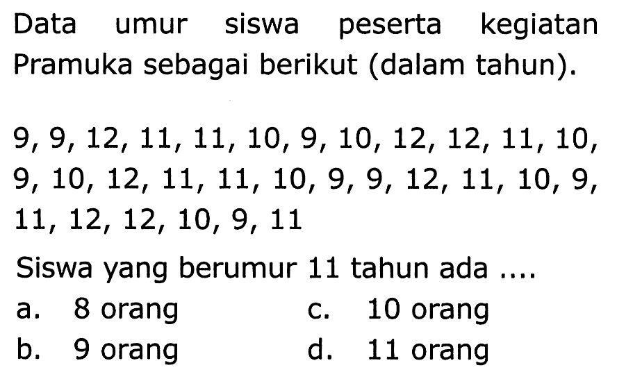 Data umur siswa peserta kegiatan Pramuka sebagai berikut (dalam tahun).
 9,9,12,11,11,10,9,10,12,12,11,10 ,  9,10,12,11,11,10,9,9,12,11,10,9 ,  11,12,12,10,9,11 
Siswa yang berumur 11 tahun ada ....
a. 8 orang
c. 10 orang
b. 9 orang
d. 11 orang