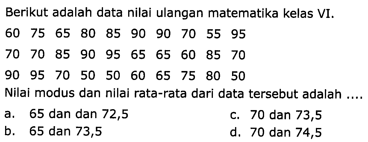 Berikut adalah data nilai ulangan matematika kelas VI.
 (llllllllll)60  75  65  80  85  90  90  70  55  95  70  70  85  90  95  65  65  60  85  70  90  95  70  50  50  60  65  75  80  50 