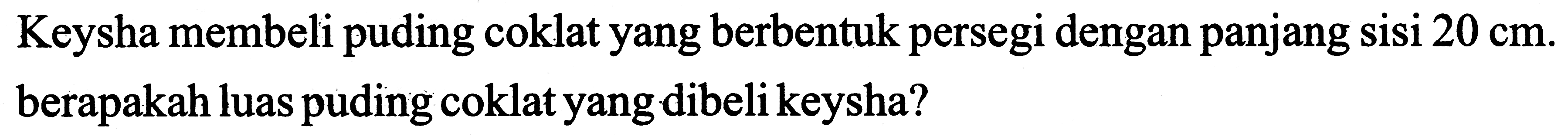 Keysha membeli puding coklat yang berbentuk persegi dengan panjang sisi 20 cm. berapakah luas puding coklat yang dibeli keysha?