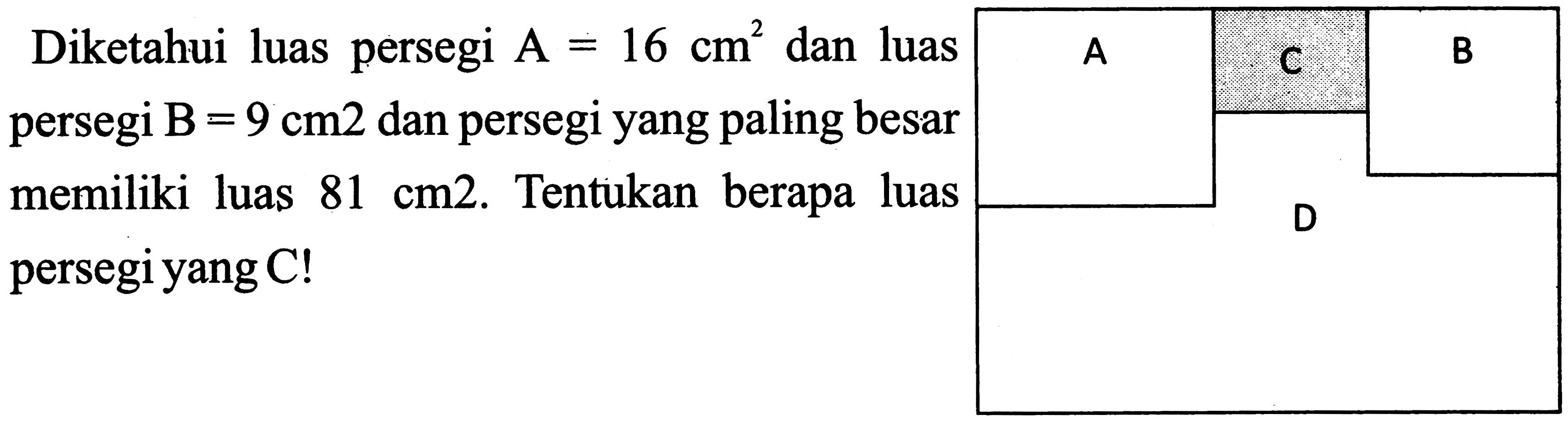 {l|l|l|) 
Diketahui luas persegi  A=16 cm^(2)  dan luas persegi  B=9 cm 2  dan persegi yang paling besar  C  B 
 { 3 ) memiliki luas  81 cm 2 .  Tentukan berapa luas 
