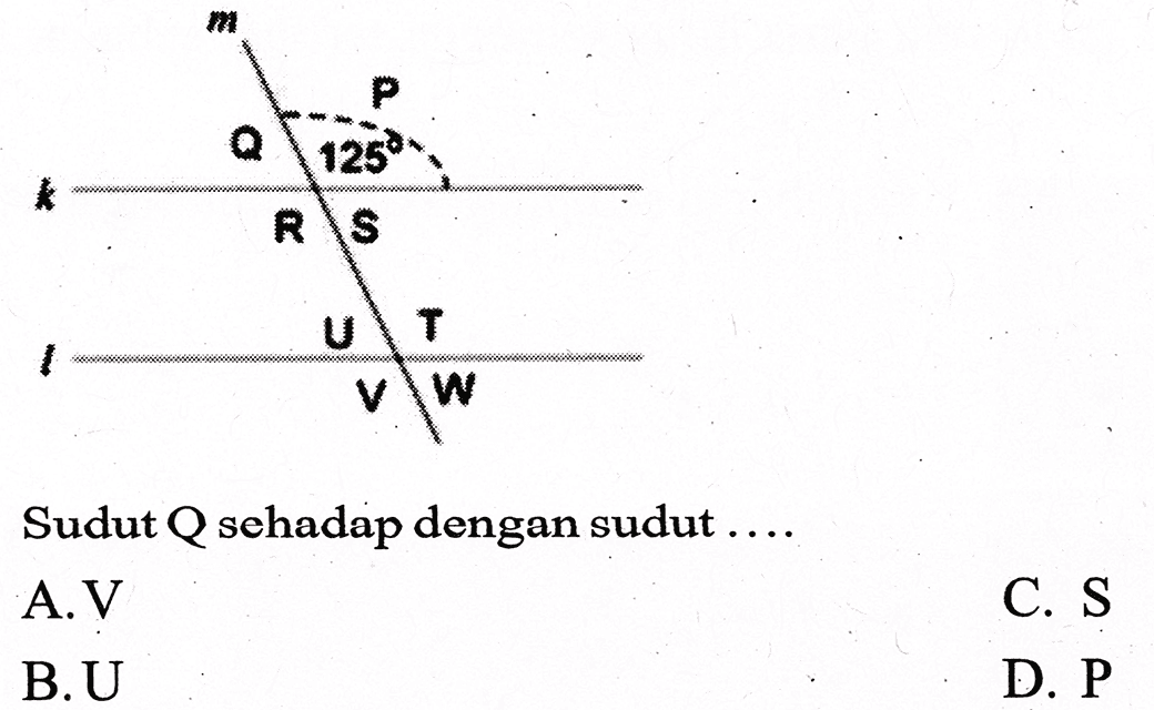 m
P
Q 125
k R S
l U T
V W
Sudut  Q  sehadap dengan sudut...
