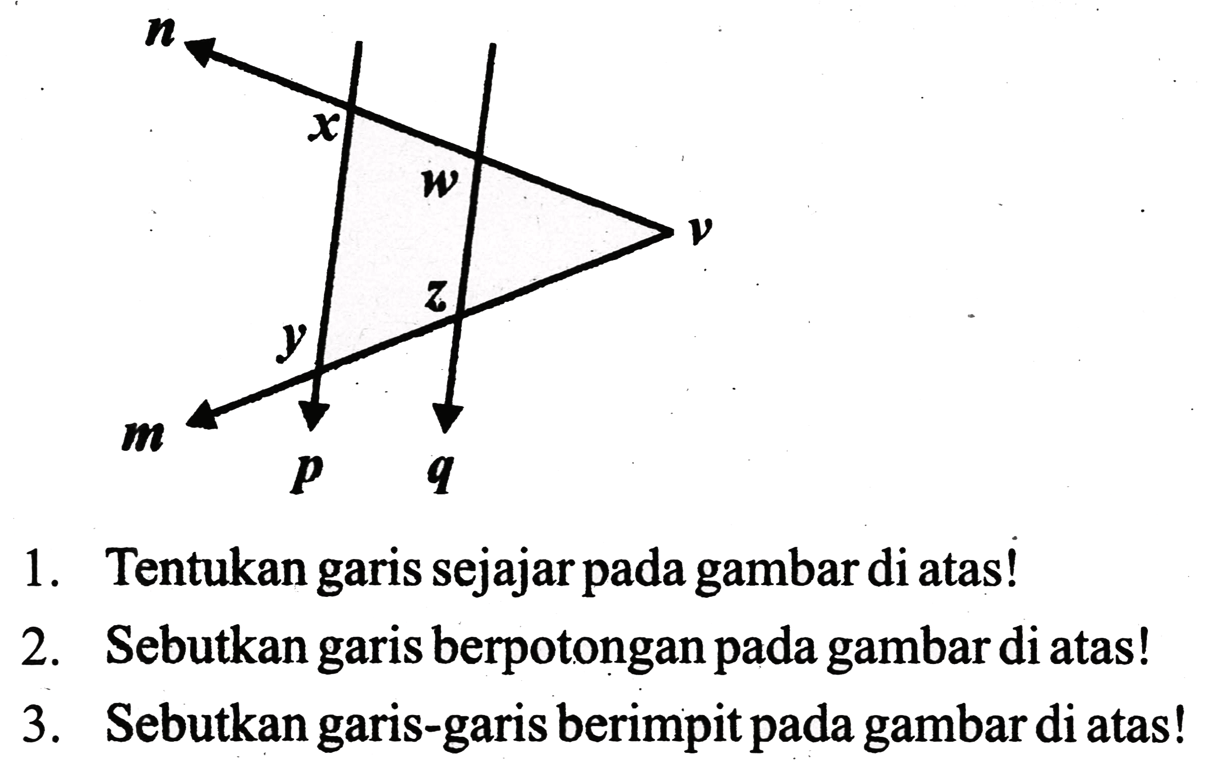 n
x
w 
v
z
y
m p q
1. Tentukan garis sejajar pada gambar di atas!
2. Sebutkan garis berpotongan pada gambar di atas!
3. Sebutkan garis-garis berimpit pada gambar di atas!