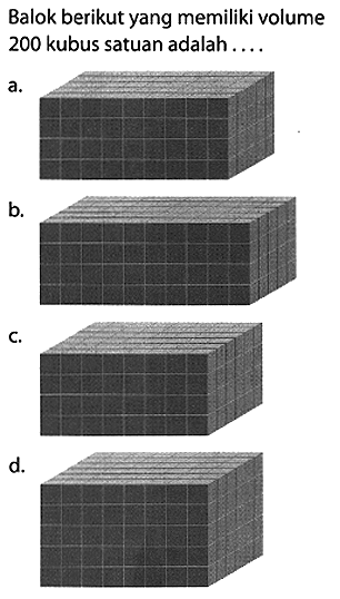 Balok berikut yang memiliki volume 200 kubus satuan adalah....
a.
b.
C.
d.