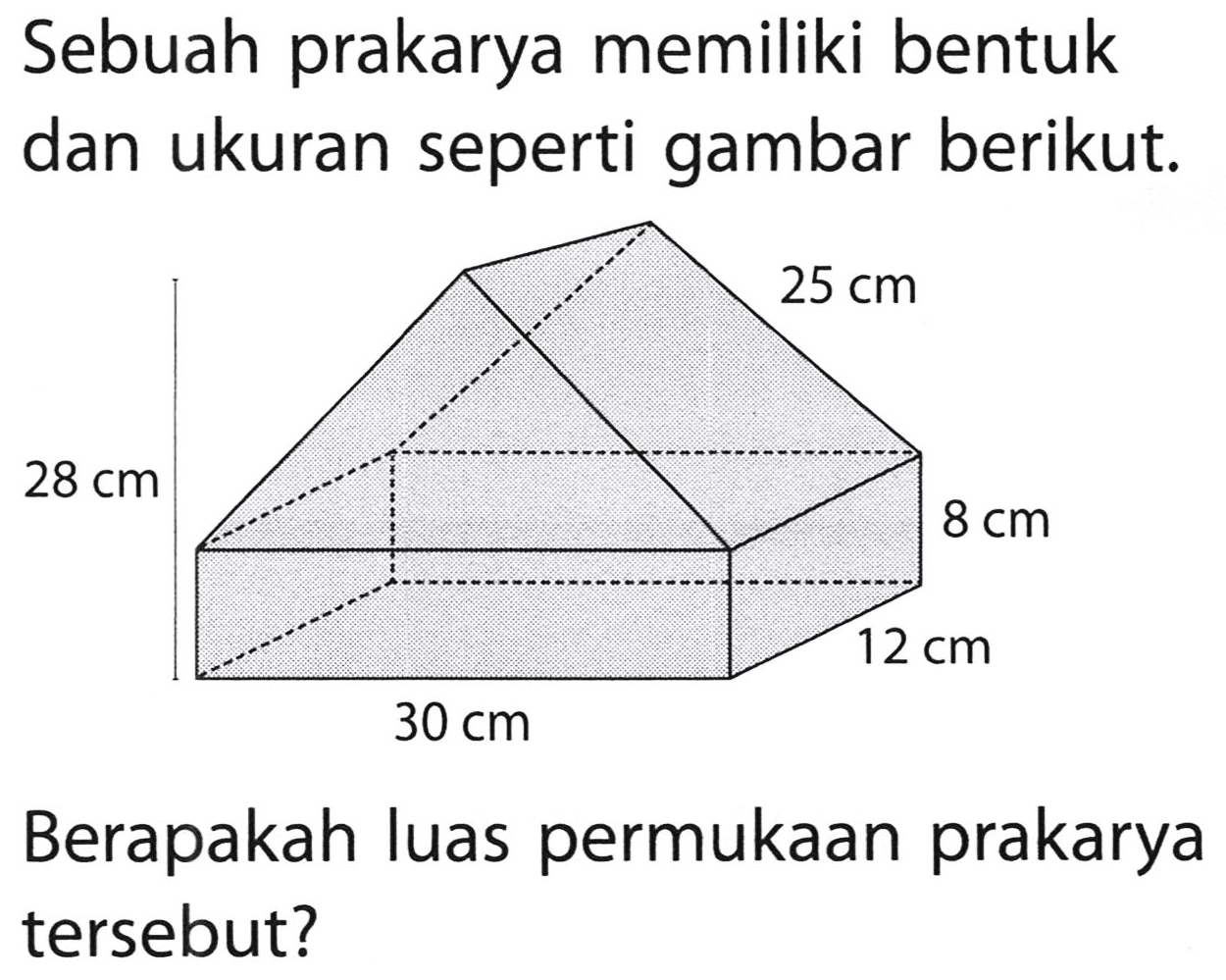 Sebuah prakarya memiliki bentuk dan ukuran seperti gambar berikut.
Berapakah luas permukaan prakarya tersebut?