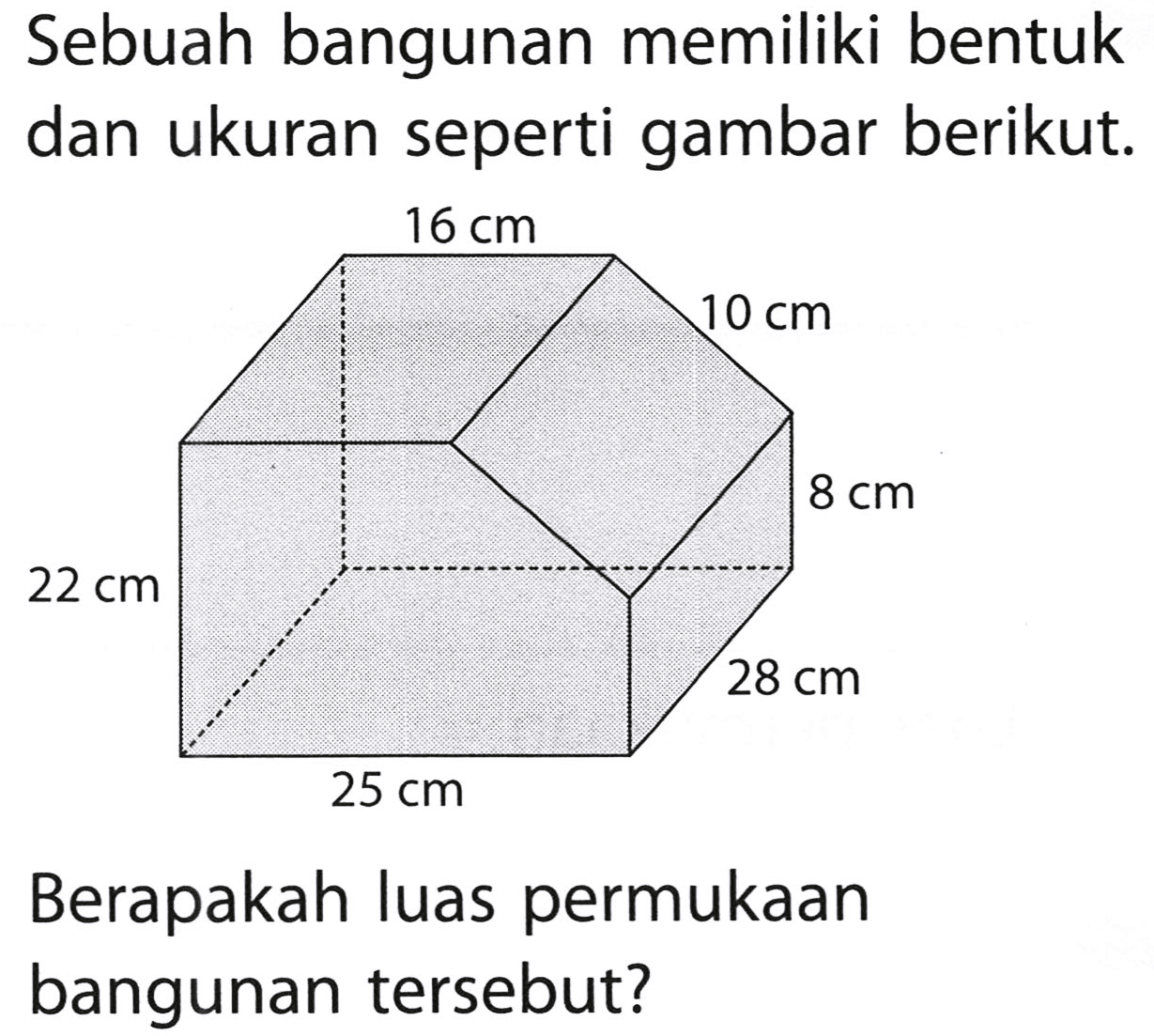 Sebuah bangunan memiliki bentuk dan ukuran seperti gambar berikut.
Berapakah luas permukaan bangunan tersebut?