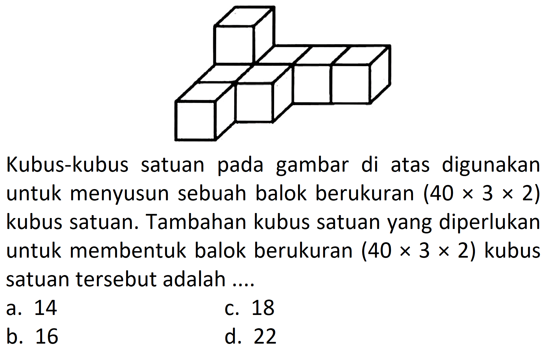 Kubus-kubus satuan pada gambar di atas digunakan untuk menyusun sebuah balok berukuran  (40 x 3 x 2)  kubus satuan. Tambahan kubus satuan yang diperlukan untuk membentuk balok berukuran  (40 x 3 x 2)  kubus satuan tersebut adalah ....
a. 14
C. 18
b. 16
d. 22