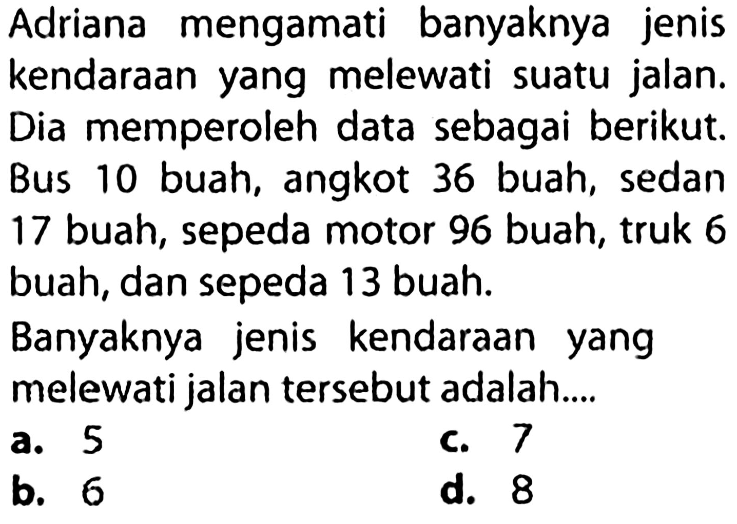 Adriana mengamati banyaknya jenis kendaraan yang melewati suatu jalan. Dia memperoleh data sebagai berikut. Bus 10 buah, angkot 36 buah, sedan 17 buah, sepeda motor 96 buah, truk 6 buah, dan sepeda 13 buah.
Banyaknya jenis kendaraan yang melewati jalan tersebut adalah....
a. 5
c. 7
b. 6
d. 8