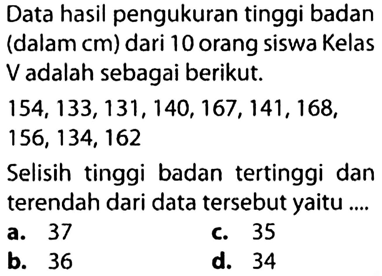 Data hasil pengukuran tinggi badan (dalam  cm  ) dari 10 orang siswa Kelas V adalah sebagai berikut.
 154,133,131,140,167,141,168 ,