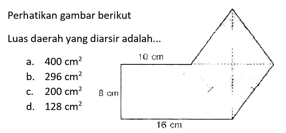 Perhatikan gambar berikut
Luas daerah yang diarsir adalah...
a.  400 cm^(2) 
b.  296 cm^(2) 
c.  200 cm^(2) 
d.  128 cm^(2) 