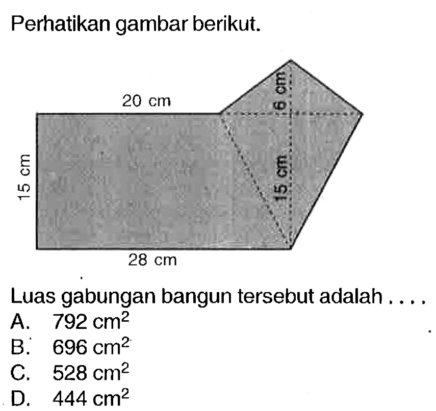 Perhatikan gambar berikut.
Luas gabungan bangun tersebut adalah ....
A.  792 cm^(2) 
B.  696 cm^(2) 
C.  528 cm^(2) 
D.  444 cm^(2) 