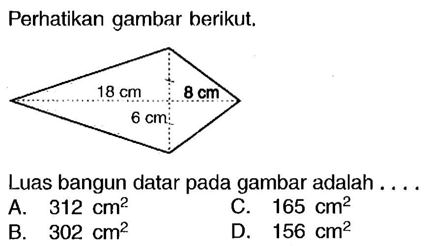 Perhatikan gambar berikut.
Luas bangun datar pada gambar adalah ....
A.  312 cm^2 
c.  165 cm^2 
B.  302 cm^2 
D.  156 cm^2 