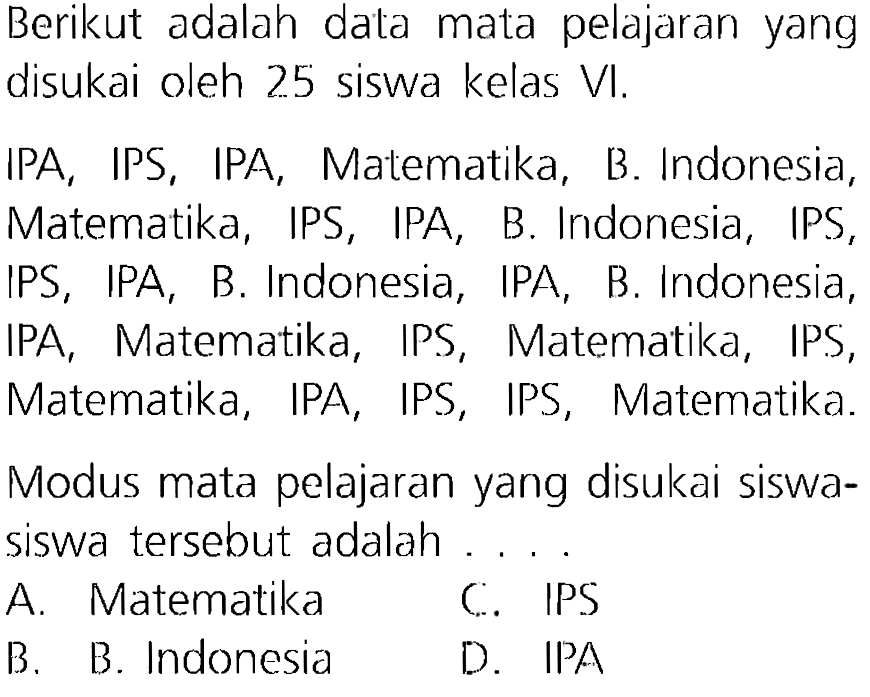 Berikut adalah data mata pelajaran yang disukai oleh 25 siswa kelas VI.

IPA, IPS, IPA, Matematika, B. Indonesia, Matematika, IPS, IPA, B. Indonesia, IPS, IPS, IPA, B. Indonesia, IPA, B. Indonesia, IPA, Matematika, IPS, Matematika, IPS, Matematika, IPA, IPS, IPS, Matematika.
Modus mata pelajaran yang disukai siswasiswa tersebut adalah ....
A. Matematika
C. IPS
B. B. Indonesia
D. IPA