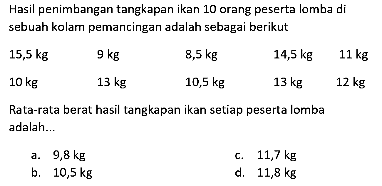 Hasil penimbangan tangkapan ikan 10 orang peserta lomba di sebuah kolam pemancingan adalah sebagai berikut
 (lcccc)15,5 kg  9 kg  8,5 kg  14,5 kg  11 kg  10 kg  13 kg  10,5 kg  13 kg  12 kg 
Rata-rata berat hasil tangkapan ikan setiap peserta lomba adalah...
a.  9,8 kg 
C.  11,7 kg 
b.  10,5 kg 
d.  11,8 kg 