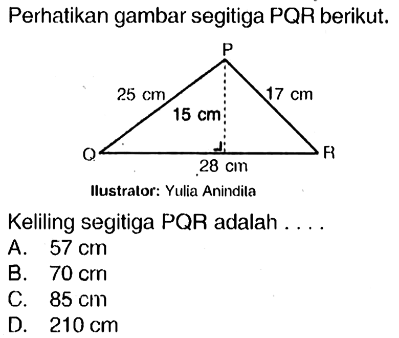 Perhatikan gambar segitiga PQR berikut.
Keliling segitiga PQR adalah ....
A.  57 cm 
B.  70 crn 
C.  85 cm 
D.  210 cm 