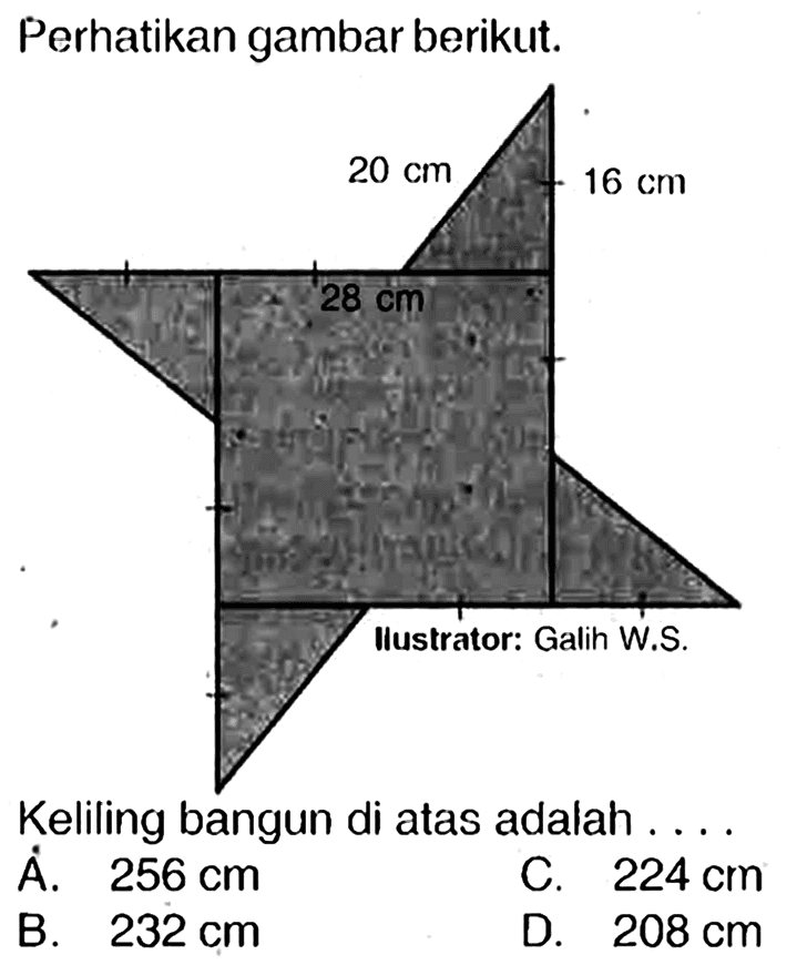 Perhatikan gambar berikut.
Keliling bangun di atas adalah ....
A.  256 cm 
c.  224 cm 
B.  232 cm 
D.  208 cm 