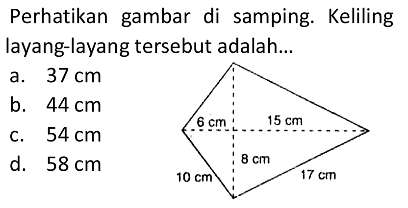 Perhatikan gambar di samping. Keliling layang-layang tersebut adalah...
a.  37 cm 
b.  44 cm 
c.  54 cm 
d.  58 cm 