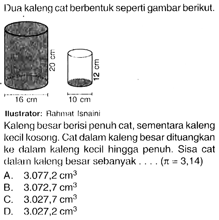 Dua kaleng cat berbentuk seperti gambar berikut.
Ilustrator: Rahmat Isnaini
Kaleng besar berisi penuh cat, sementara kaleng kecil kosorig. Cat dalam kaleng besar dituangkan ke dalam kaleng kecil hingga penuh. Sisa cat clalam kaleng besar sebanyak ... (  pi=3,14  )
A.  3.077,2 cm^(3) 
B.  3.072,7 cm^(3) 
C.  3.027,7 cm^(3) 
D.  3.027,2 cm^(3) 