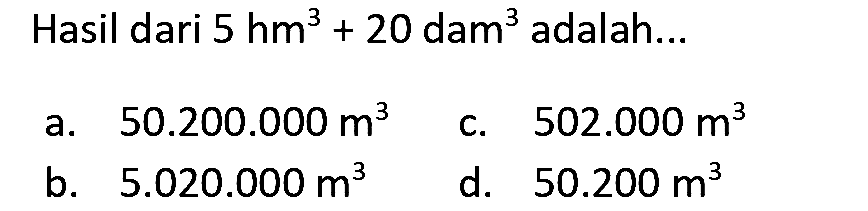 Hasil dari 5 hm^3+20 dam^3 adalah...