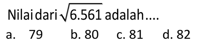 Nilai dari akar(6.561) adalah....
  