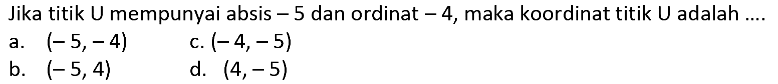 Jika titik U mempunyai absis  -5  dan ordinat  -4 , maka koordinat titik U adalah ....
a.  (-5,-4) 
c.  (-4,-5) 
b.  (-5,4) 
d.  (4,-5) 