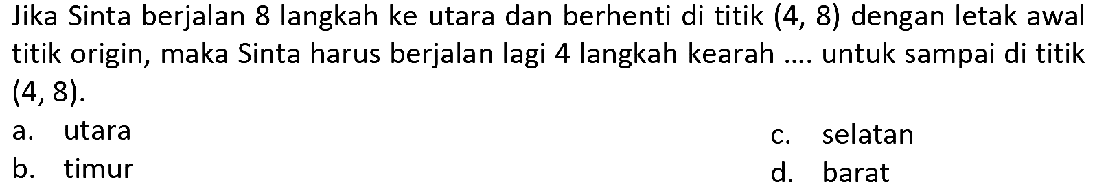 Jika Sinta berjalan 8 langkah ke utara dan berhenti di titik (4, 8) dengan letak awal titik origin, maka Sinta harus berjalan lagi 4 langkah kearah .... untuk sampai di titik (4, 8).