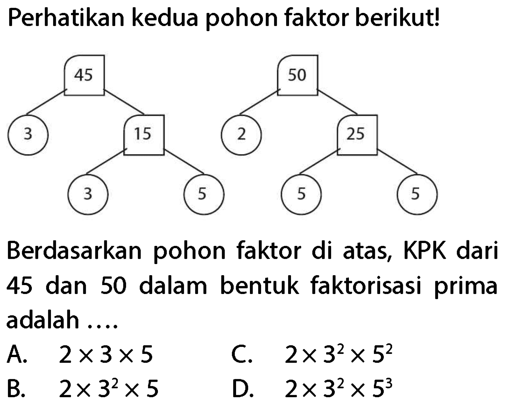 Perhatikan kedua pohon faktor berikut!
3
Berdasarkan pohon faktor di atas, KPK dari 45 dan 50 dalam bentuk faktorisasi prima adalah ....
A.  2 x 3 x 5 
C.  2 x 3^(2) x 5^(2) 
B.  2 x 3^(2) x 5 
D.  2 x 3^(2) x 5^(3) 