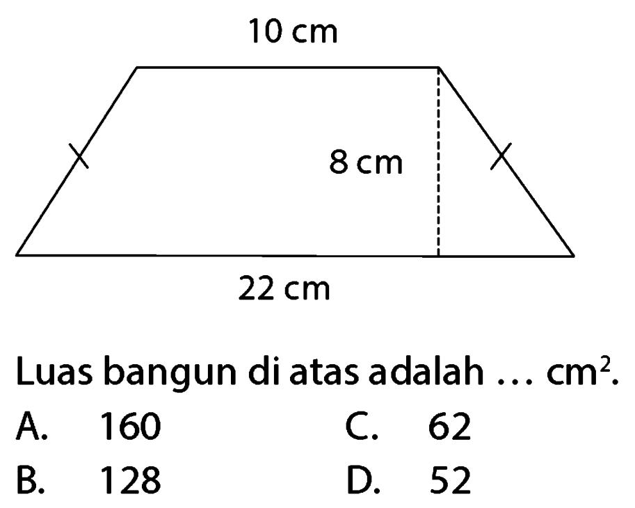 Luas bangun di atas a dalah ...  cm^(2) .
A. 160
C. 62
B. 128
D. 52