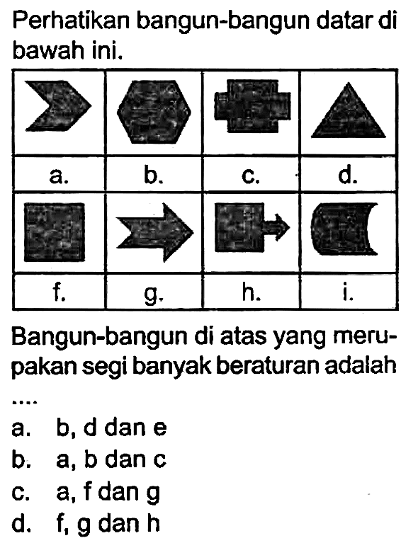 Perhatikan bangun-bangun datar di bawah ini.

   A.  
 a.  b.  c.  d. 
 in  l.  i  i. 
 f.  g.  h.  i. 


Bangun-bangun di atas yang merupakan segi banyak beraturan adalah
 .. 
a. b,d dan  e 
b.  a, b  dan c
C.  a, f  dan  g 
d.  f, g  dan  h 