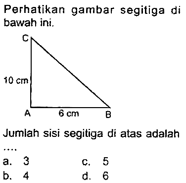 Perhatikan gambar segitiga di bawah ini.

Jumlah sisi segitiga di atas adalah
a. 3
C. 5
b. 4
d. 6