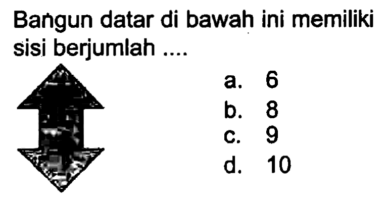 Bangun datar di bawah ini memiliki sisi berjumlah ....
a. 6
b. 8
c. 9
d. 10