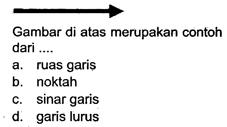 Gambar di atas merupakan contoh dari ....
a. ruas garis
b. noktah
c. sinar garis
d. garis lurus