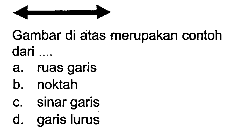 Gambar di atas merupakan contoh dari ...
a. ruas garis
b. noktah
c. sinar garis
d. garis lurus