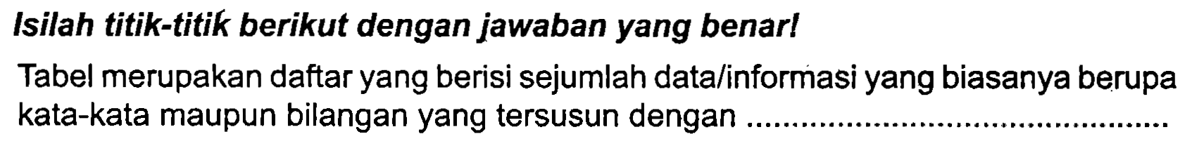 Isilah titik-titik berikut dengan jawaban yang benar!
Tabel merupakan daftar yang berisi sejumlah data/informasi yang biasanya berupa kata-kata maupun bilangan yang tersusun dengan