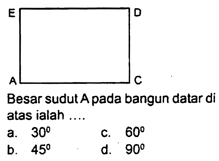 A C D E
Besar sudut A pada bangun datar di atas ialah ....
