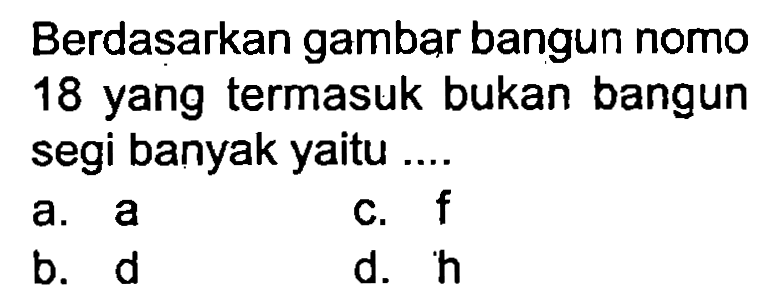 Berdasarkan gambar bangun nomo 18 yang termasuk bukan bangun segi banyak yaitu ....
a. a
c.  f 
b.  d 
d.  h 