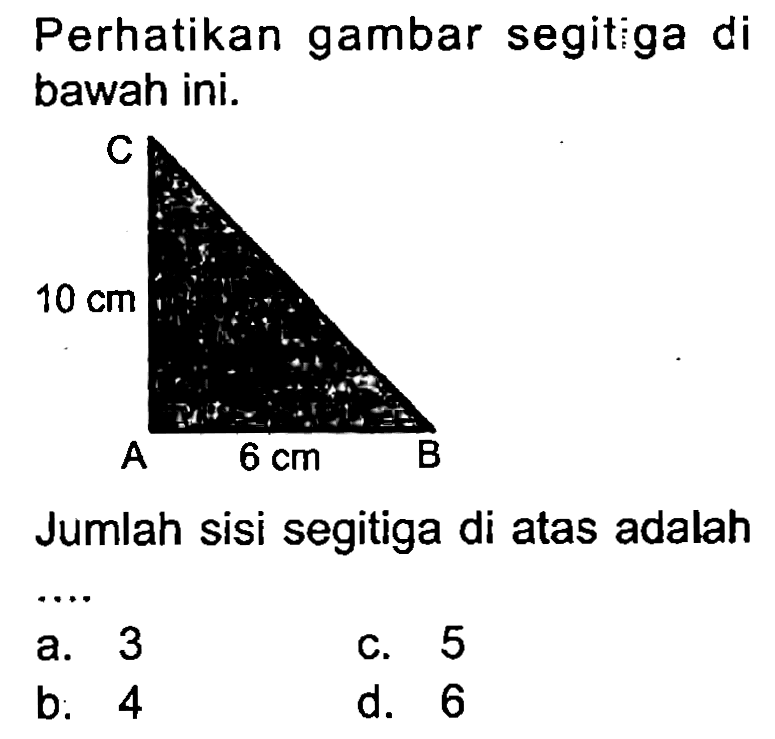 Perhatikan gambar segitiga di bawah ini.

Jumlah sisi segitiga di atas adalah
a. 3
C. 5
b. 4
d. 6