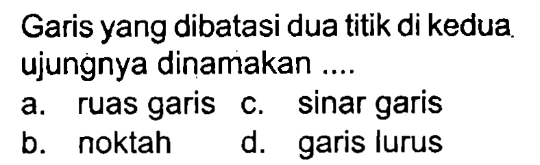 Garis yang dibatasi dua titik di kedua. ujungnya dinamakan ....
a. ruas garis c. sinar garis
b. noktah
d. garis lurus