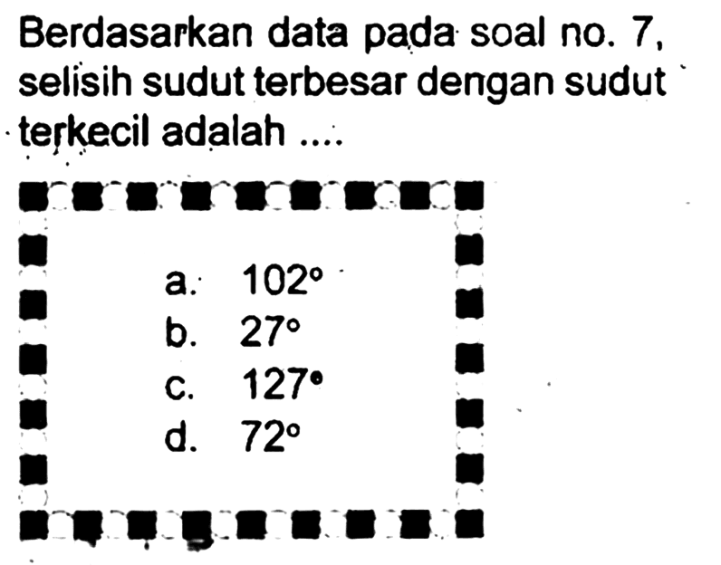 Berdasarkan data pada soal no. 7 . selisih sudut terbesar dengan sudut - terkecil adalah ....
 