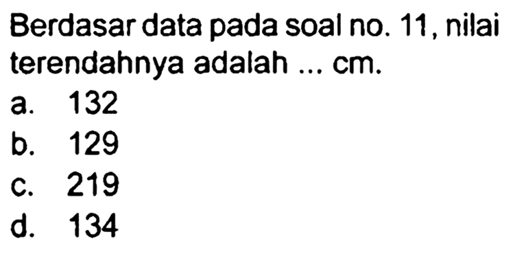 Berdasar data pada soal no. 11, nilai terendahnya adalah ... cm.
a. 132
b. 129
c. 219
d. 134