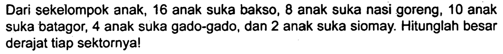 Dari sekelompok anak, 16 anak suka bakso, 8 anak suka nasi goreng, 10 anak suka batagor, 4 anak suka gado-gado, dan 2 anak suka siomay. Hitunglah besar derajat tiap sektornya!