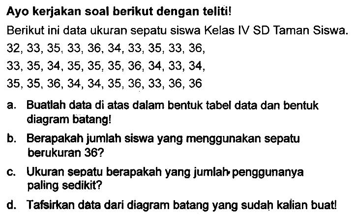 Ayo kerjakan soal berikut dengan teliti!
Berikut ini data ukuran sepatu siswa Kelas IV SD Taman Siswa.
 32,33,35,33,36,34,33,35,33,36 ,
 33,35,34,35,35,35,36,34,33,34 ,
 35,35,36,34,34,35,36,33,36,36 
a. Buatlah data di atas dalam bentuk tabel data dan bentuk diagram batang!
b. Berapakah jumlah siswa yang menggunakan sepatu berukuran  36 ? 
c. Ukuran sepatu berapakah yang jumlah penggunanya paling sedikit?
d. Tafsirkan data dari diagram batang yang sudah kalian buat!