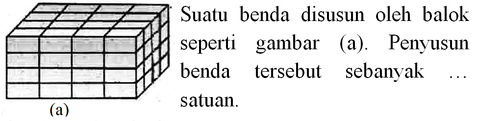 Suatu benda disusun oleh balok seperti gambar (a). Penyusun benda tersebut sebanyak
(a) satuan.