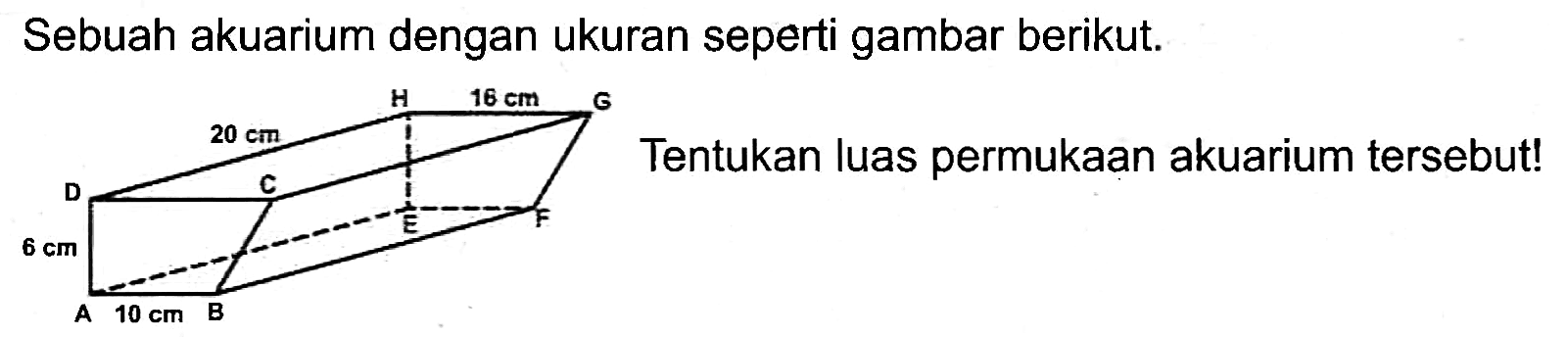 Sebuah akuarium dengan ukuran seperti gambar berikut.