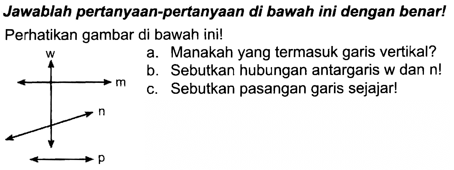 Jawablah pertanyaan-pertanyaan di bawah ini dengan benar! Perhatikan gambar di bawah ini!
w a. Manakah yang termasuk garis vertikal?
b. Sebutkan hubungan antargaris  w  dan  n  !
c. Sebutkan pasangan garis sejajar!