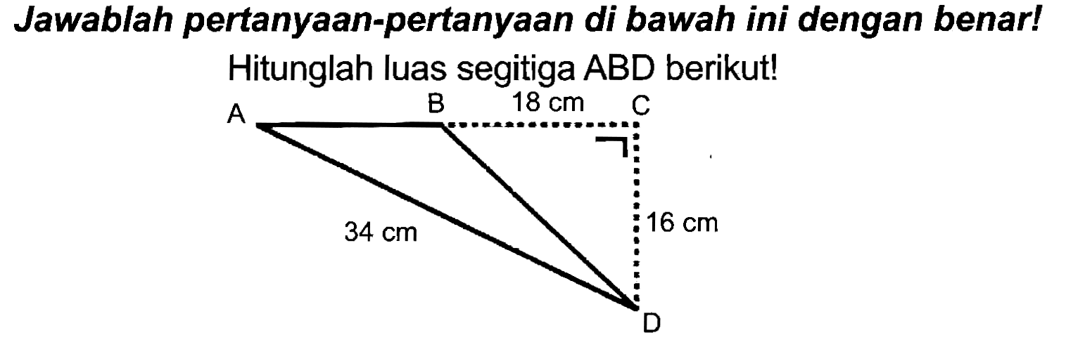 Jawablah pertanyaan-pertanyaan di bawah ini dengan benar! Hitunglah luas segitiga ABD berikut!